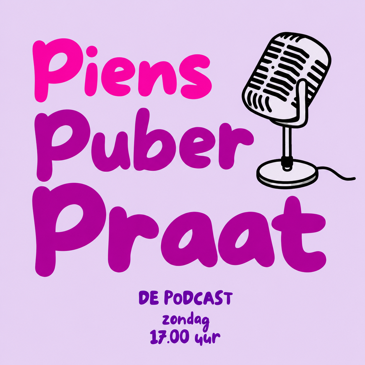 Cover van Piens Puber Praat met roze handletters en een getekende microfoon